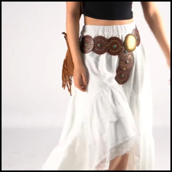 Western PU Leather Belt Wide Waist Boho Cowgirl Concho Buckle Adjustable